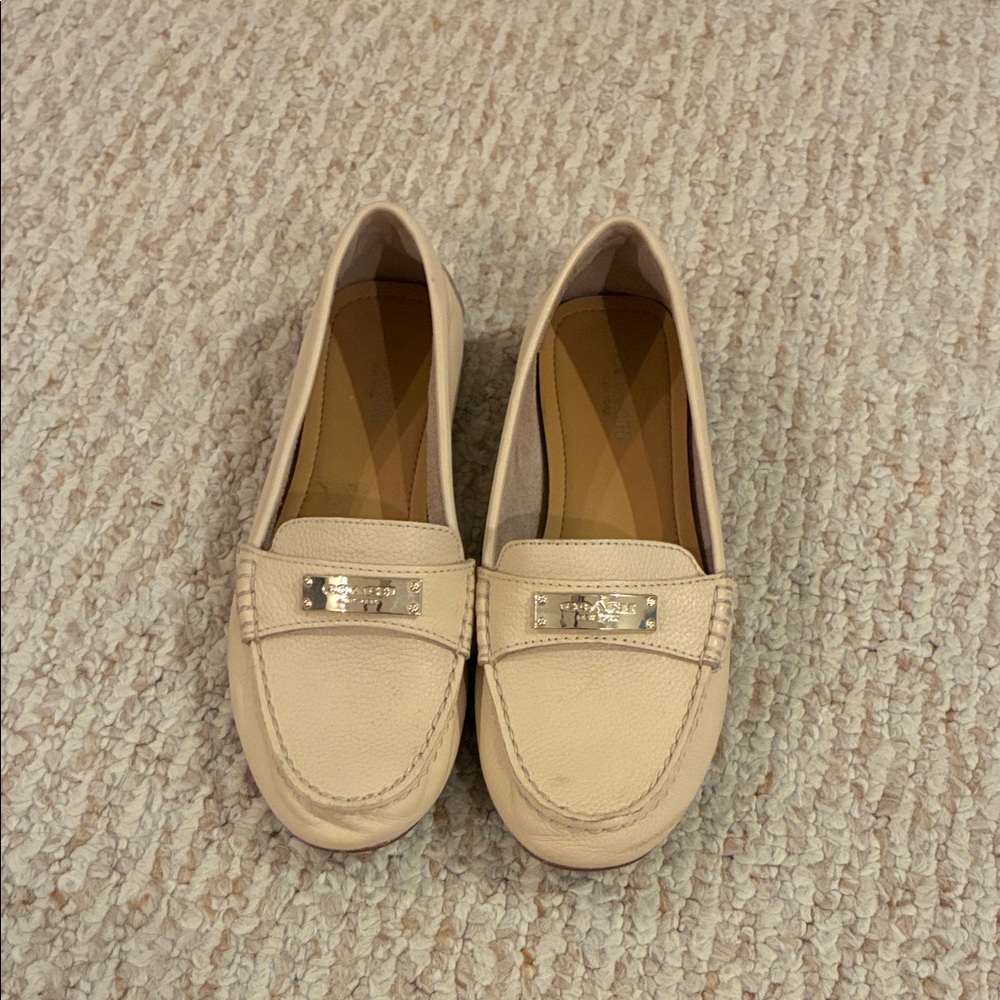 Coach Women's Beige Leather Penny Loafers with Gold Tone Hardware